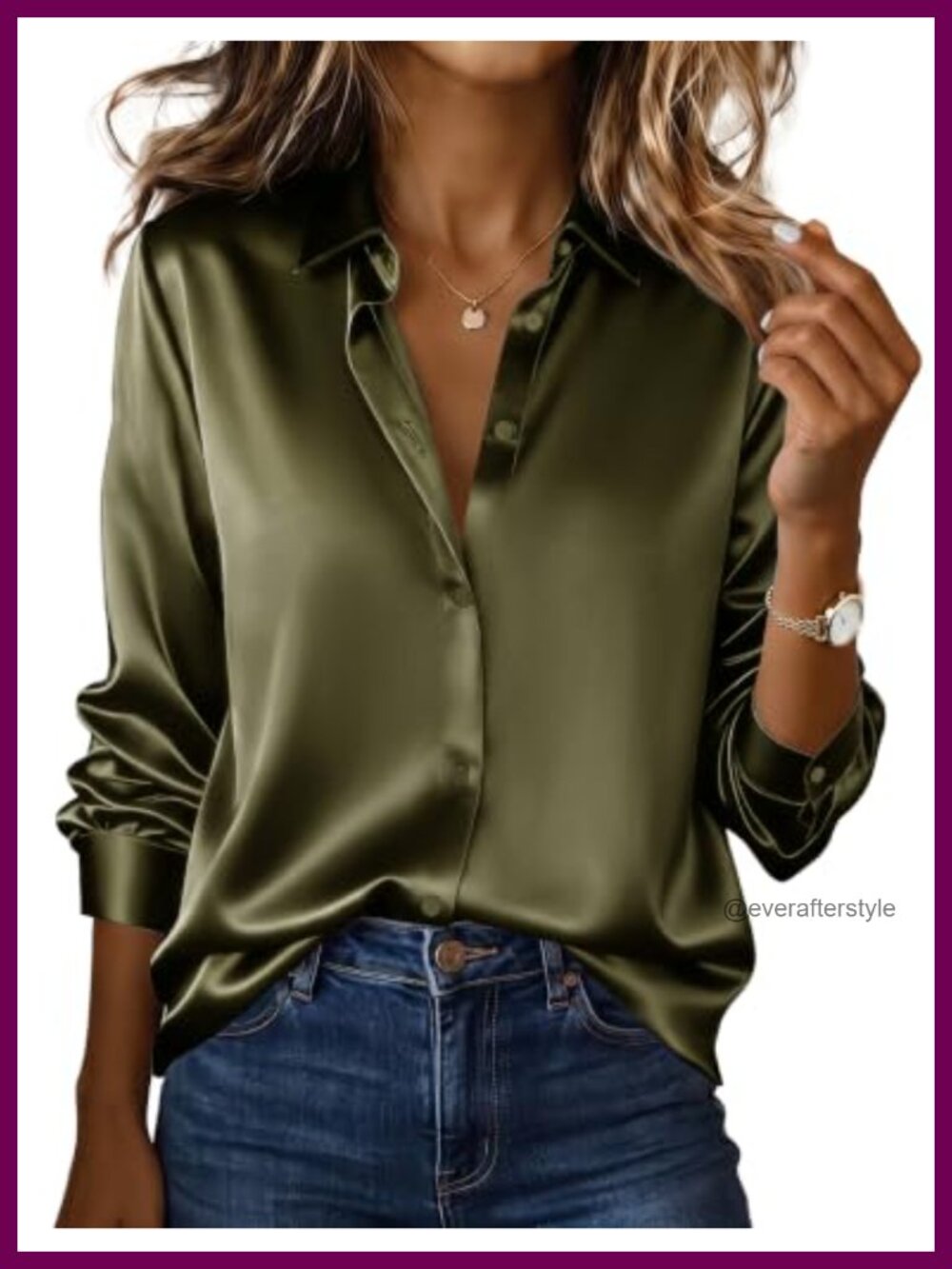 Satin Button Down Blouse Long Sleeve Loose Fit Silky Shirt